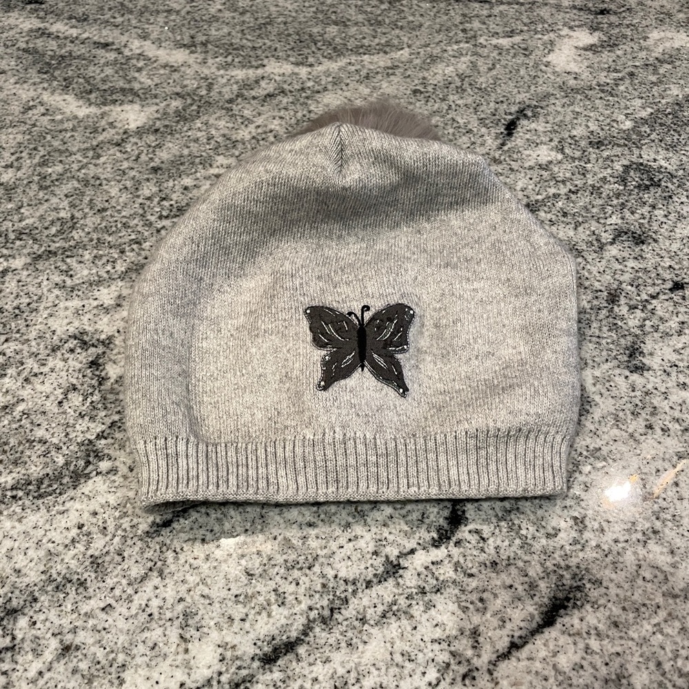 Price Firm New Custom Designed Gray Slouchy Pom Beanie with Black Lace Butterfly